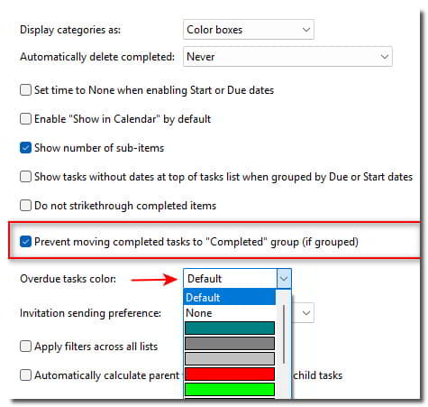 Options for changing the font color for overdue tasks