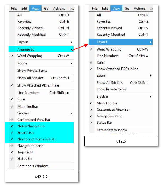 The view menu for Notes